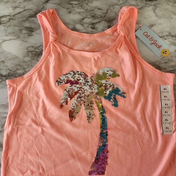 NWT Girls Peach Tank Top with Sequined Palm Tree Size 14/16 - Picture 2 of 8